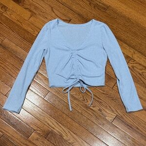 SHEIN Light Blue Ruched Tie Front Blouse